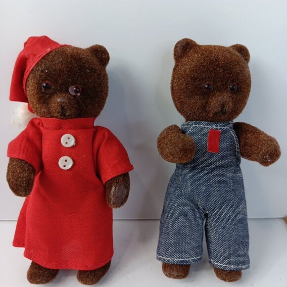 Set Of 2 Vintage Brown Bear Figurine Flocked Denim Outfit 5” Toy Arms Legs Move - Picture 5 of 5